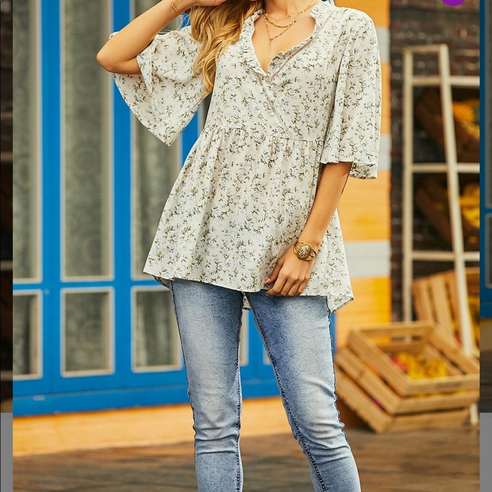 Light blue floral ruffle trim tunic
